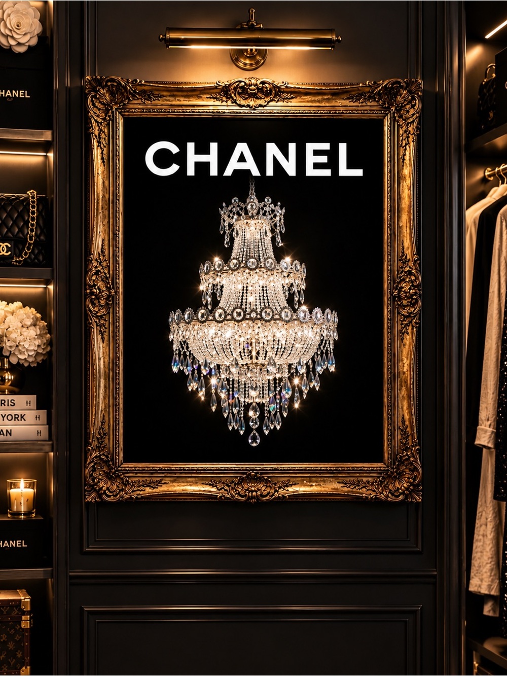 CHANEL Crystal Chandelier Fashion Art Print Black Glam Moody Luxury Wall Decor